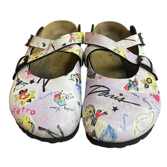 Birkenstock Paris Retro Slip On Women's Clogs 8 Pink Black Cross Buckles - Picture 7 of 8